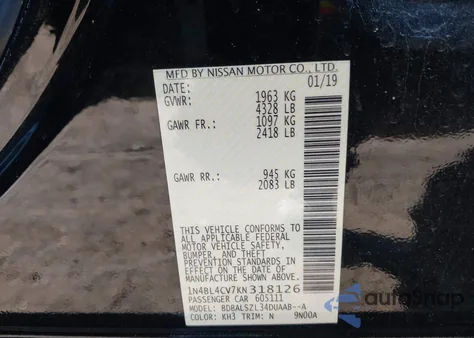 2019 Nissan Altima 2.5 Sr z USA, uszkodzony, nr VIN 1N4BL4CV7KN318126